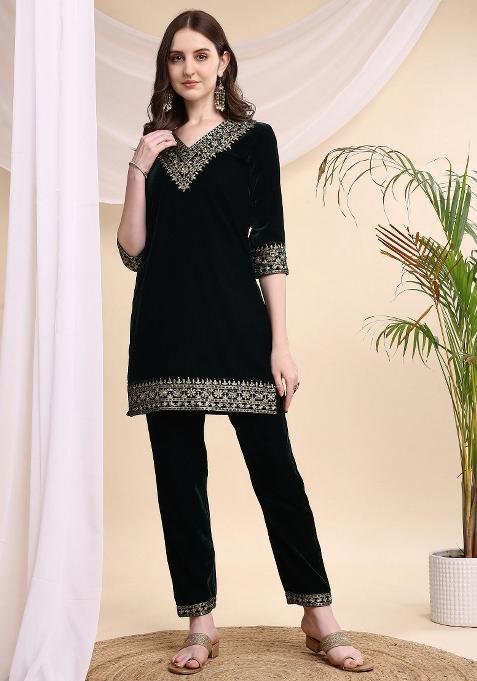 Bottle Green Embroidery Velvet Kurta Set