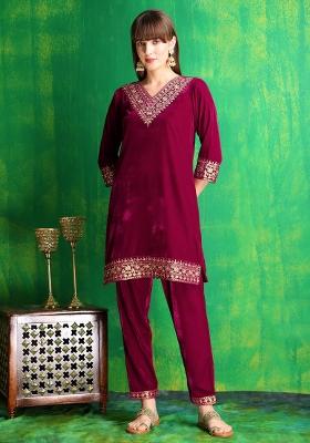 Pink Embroidery Velvet Kurta Set