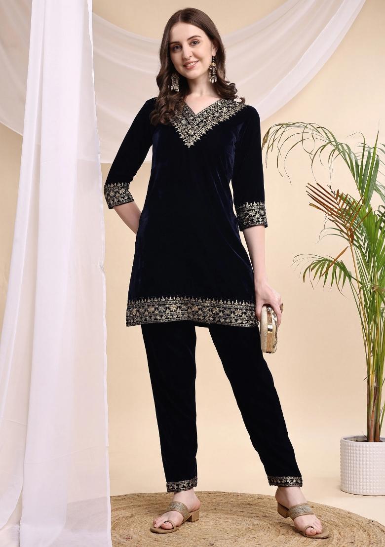 Navy Blue Embroidery Velvet Kurta Set - Indya