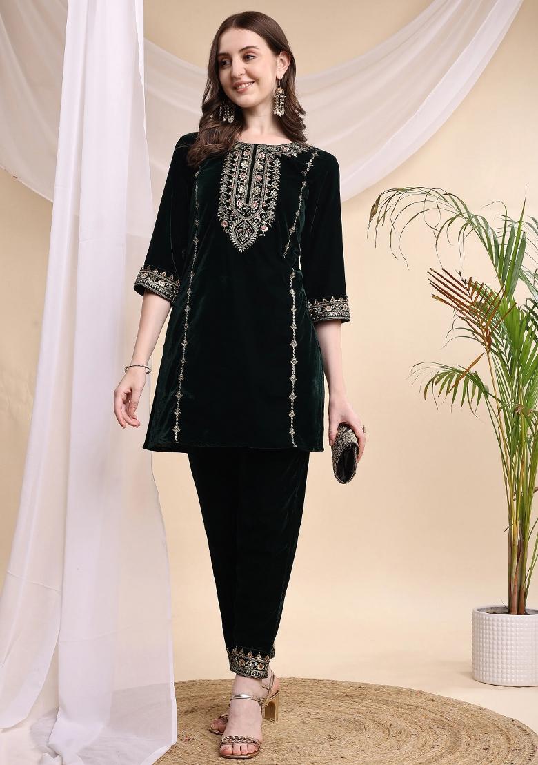Bottle Green Embroidery Velvet Kurta Set - Indya