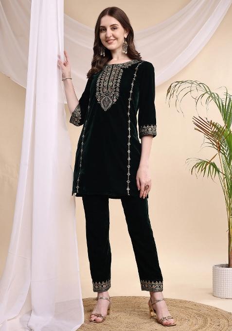 Bottle Green Embroidery Velvet Kurta Set