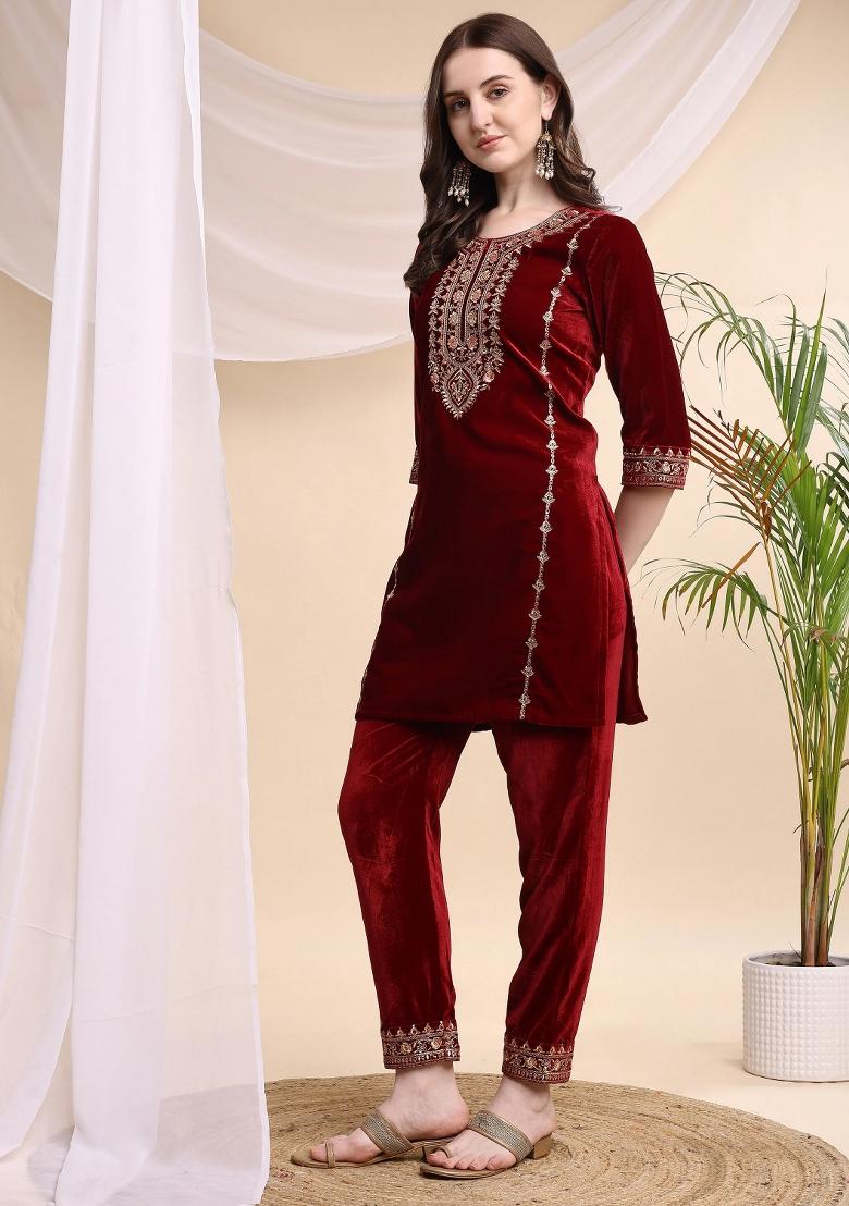 Maroon Embroidery Velvet Kurta Set - Indya