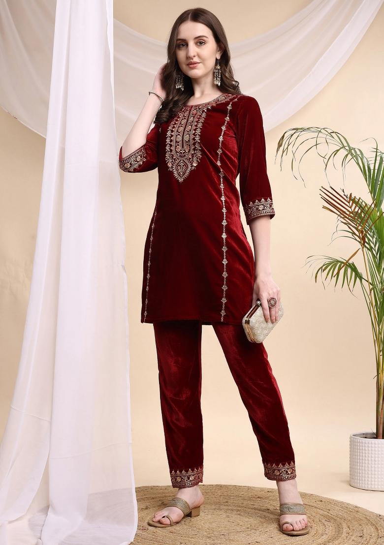 Maroon Embroidery Velvet Kurta Set - Indya