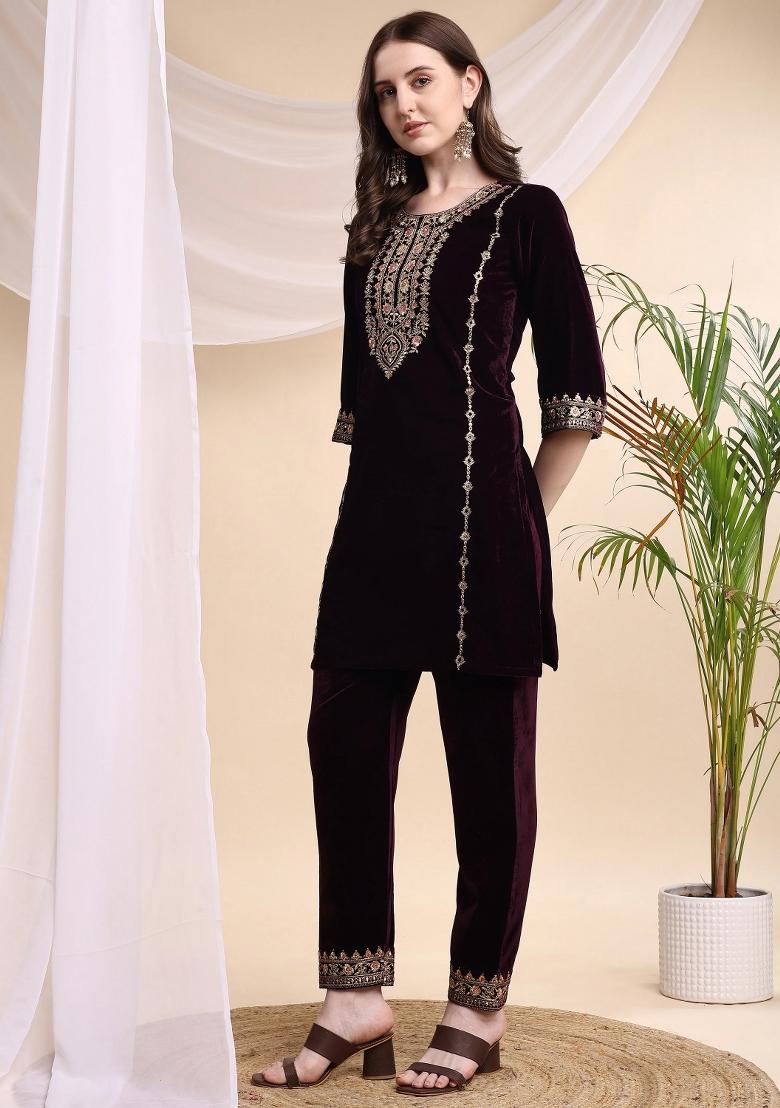 Wine Embroidery Velvet Kurta Set - Indya
