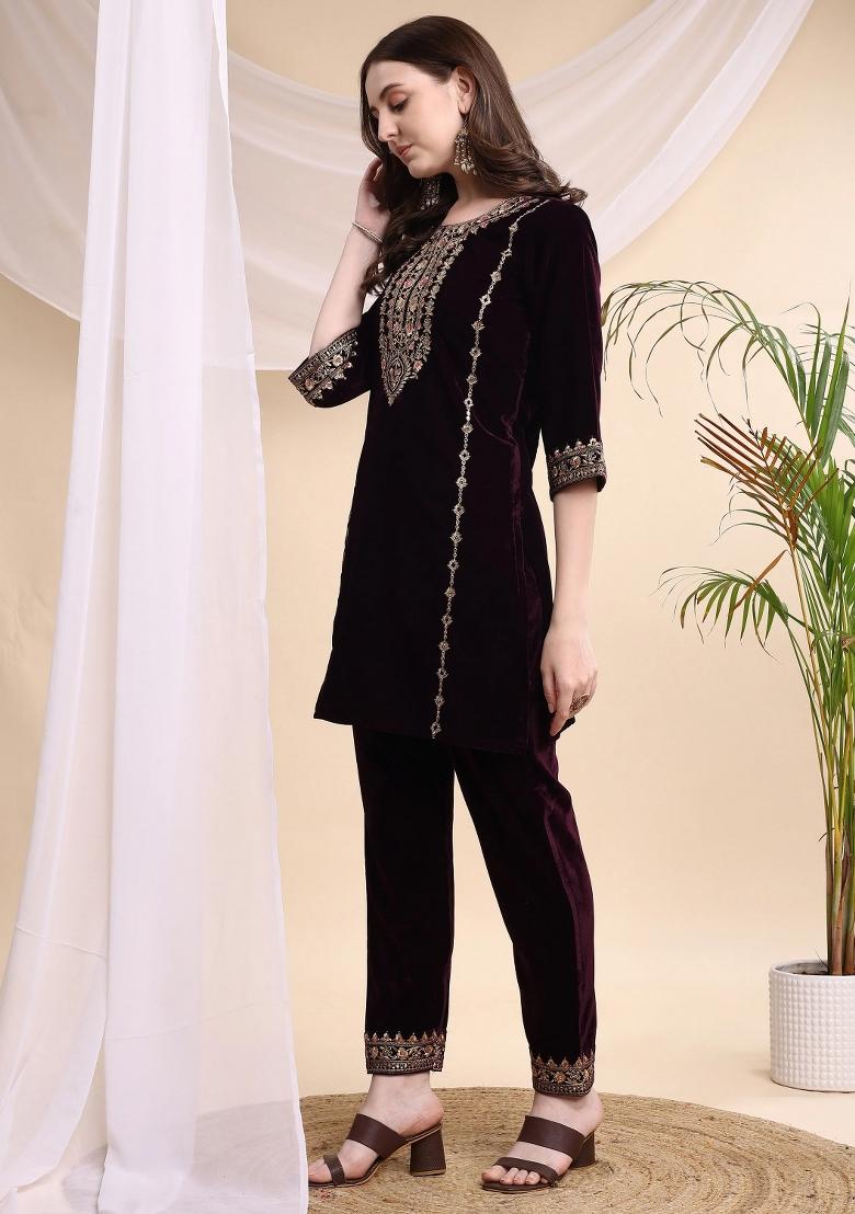 Wine Embroidery Velvet Kurta Set - Indya