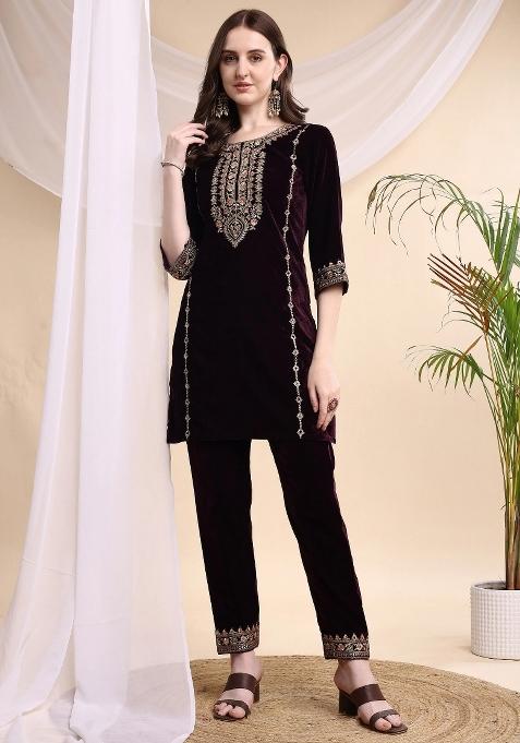 Wine Embroidery Velvet Kurta Set