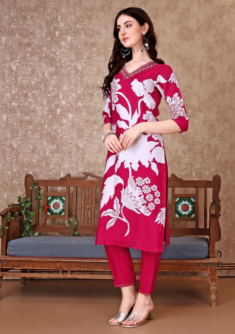Pink Embroidery Silk Kurta Set - Indya