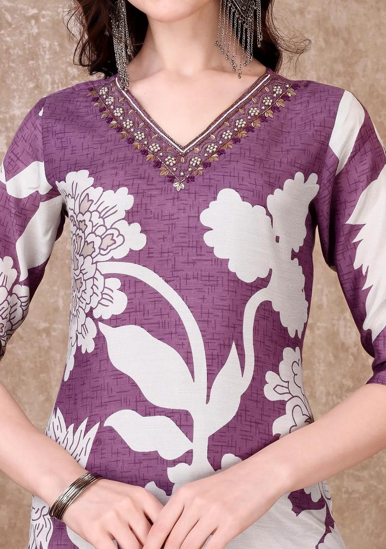 Lavender Embroidery Silk Kurta Set - Indya