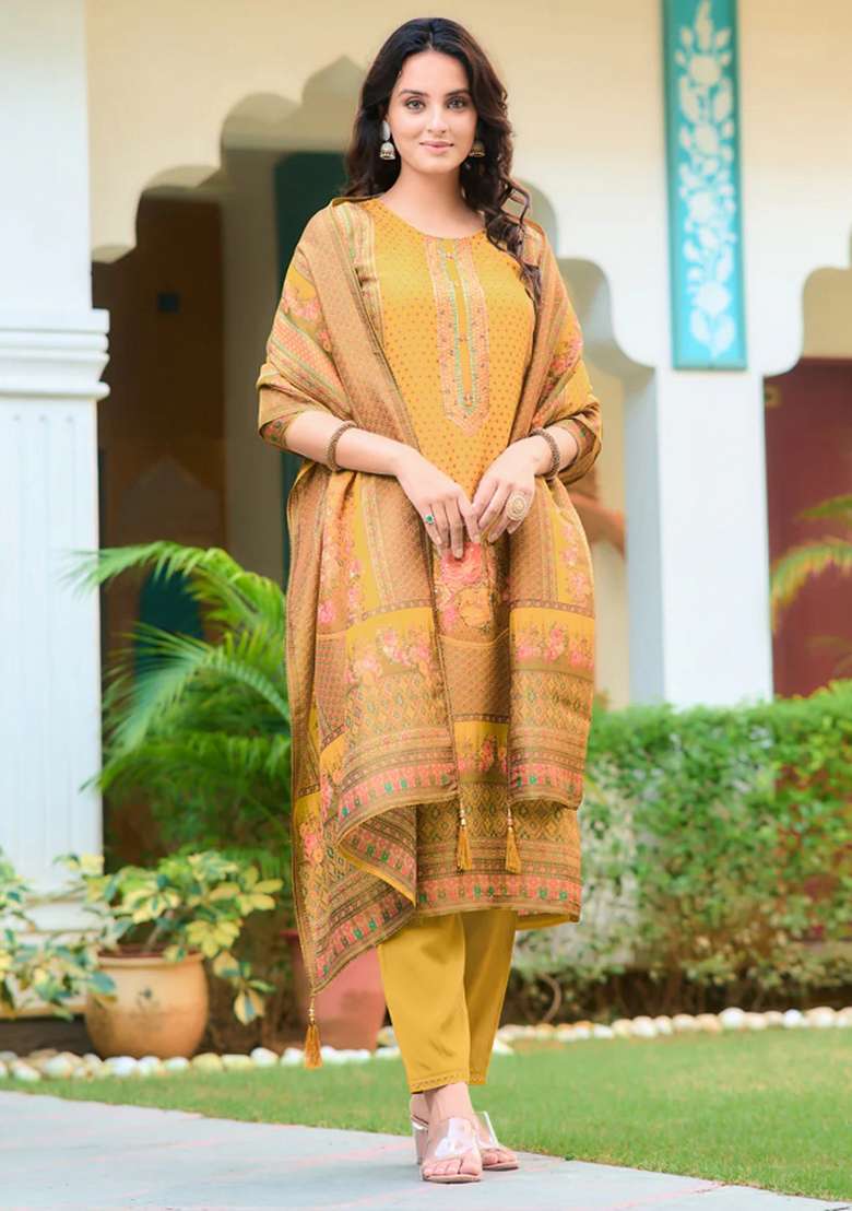 Yellow Embroidery Silk Kurta Set - Indya