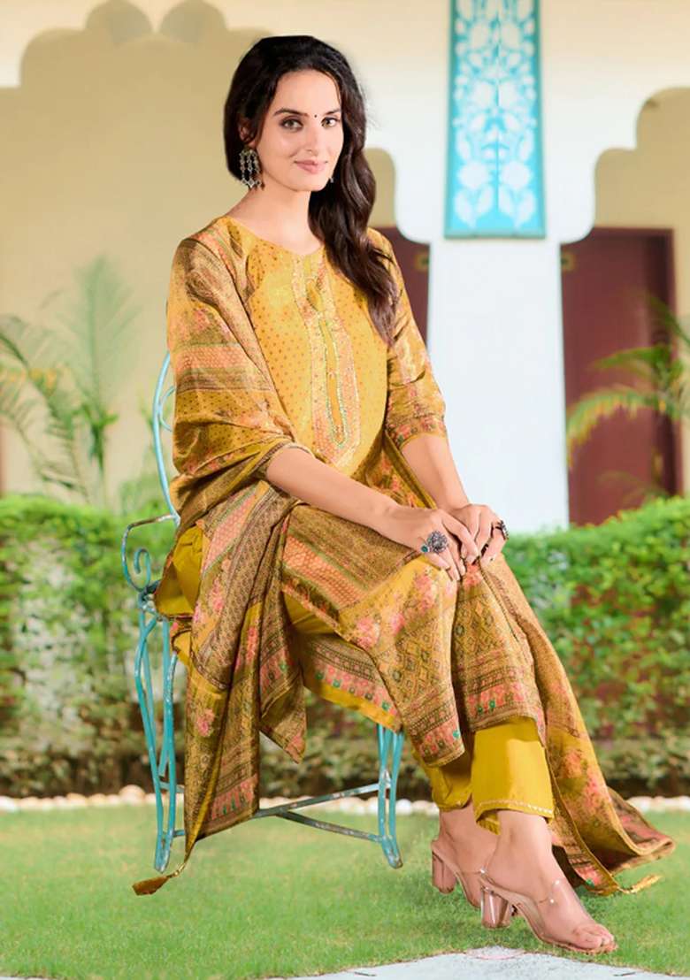 Yellow Embroidery Silk Kurta Set - Indya