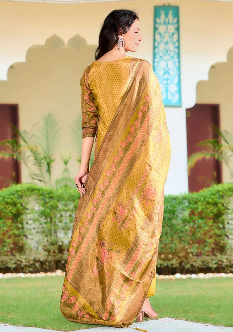Yellow Embroidery Silk Kurta Set - Indya