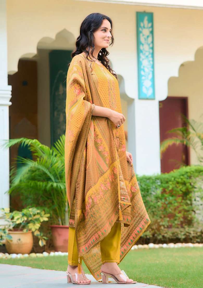 Yellow Embroidery Silk Kurta Set - Indya