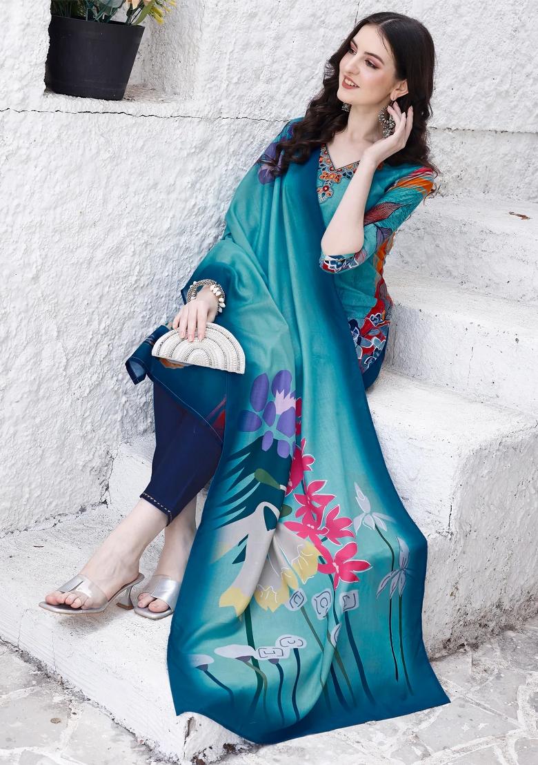 Multicolor Embroidery Rayon Kurta Set - Indya