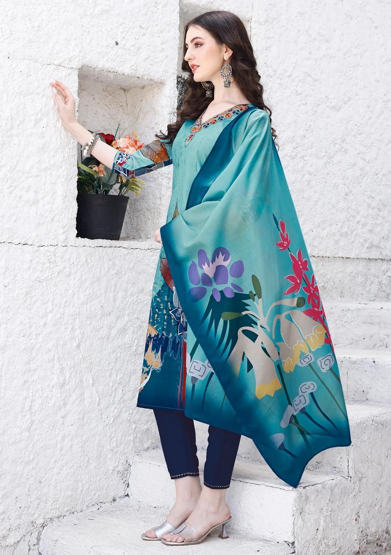 Multicolor Embroidery Rayon Kurta Set - Indya