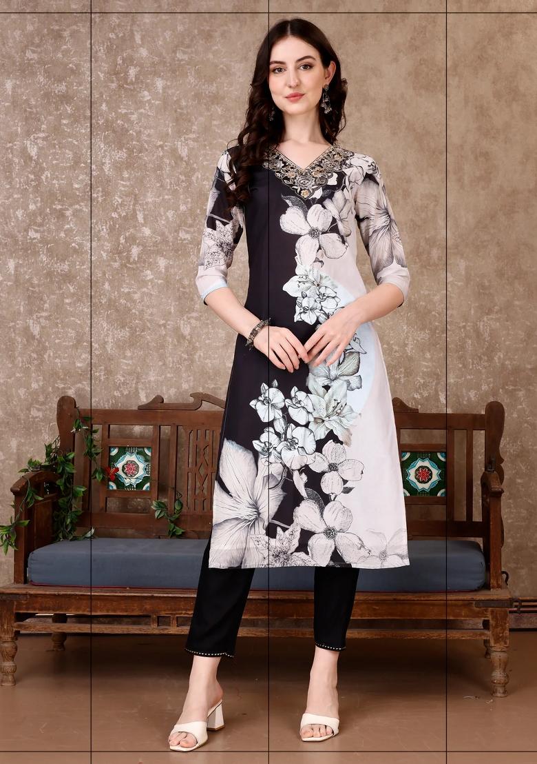 Black Embroidery Cotton Kurta Set - Indya