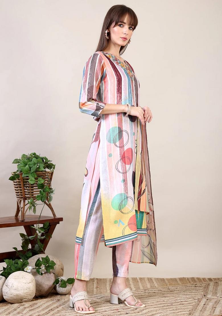 Multicolor Embroidery Cotton Kurta Set - Indya