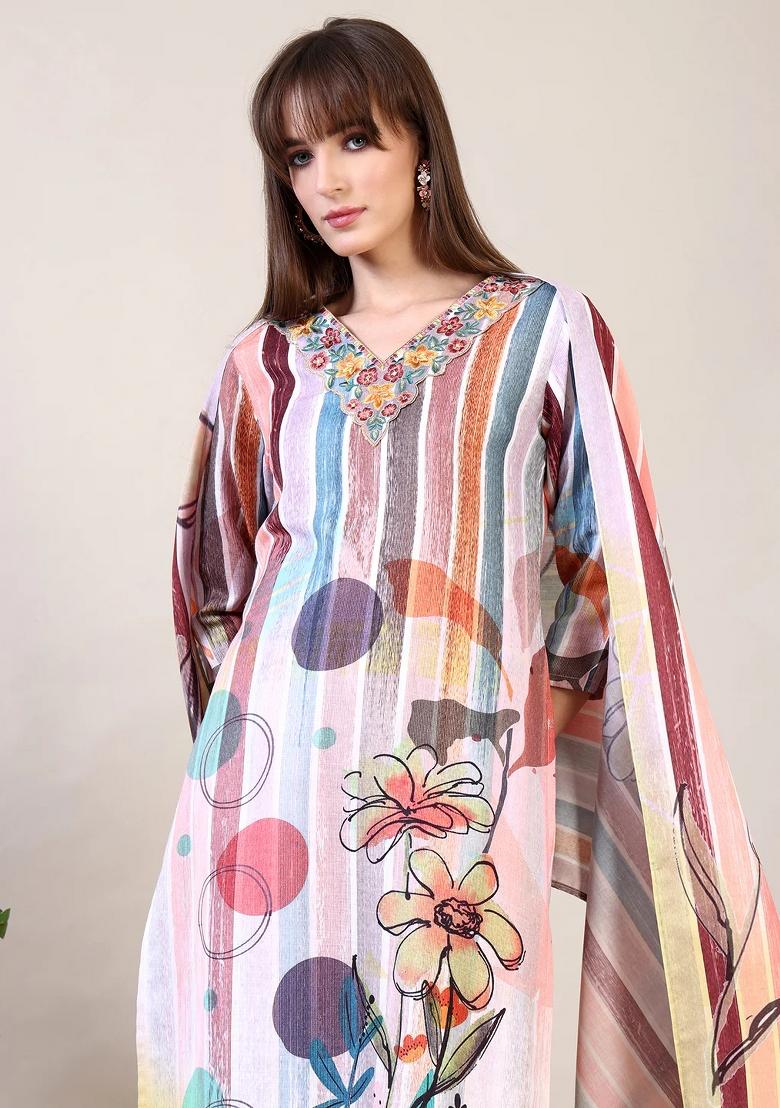 Multicolor Embroidery Cotton Kurta Set - Indya
