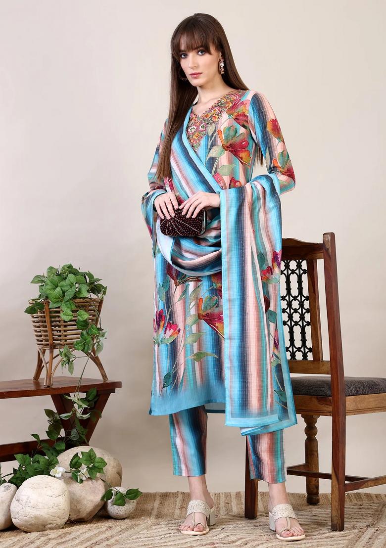 Multicolor Embroidery Cotton Kurta Set - Indya