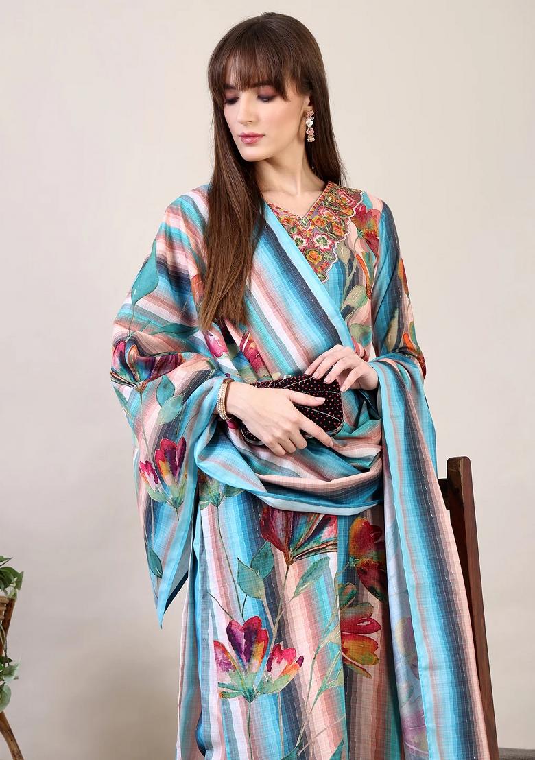 Multicolor Embroidery Cotton Kurta Set - Indya