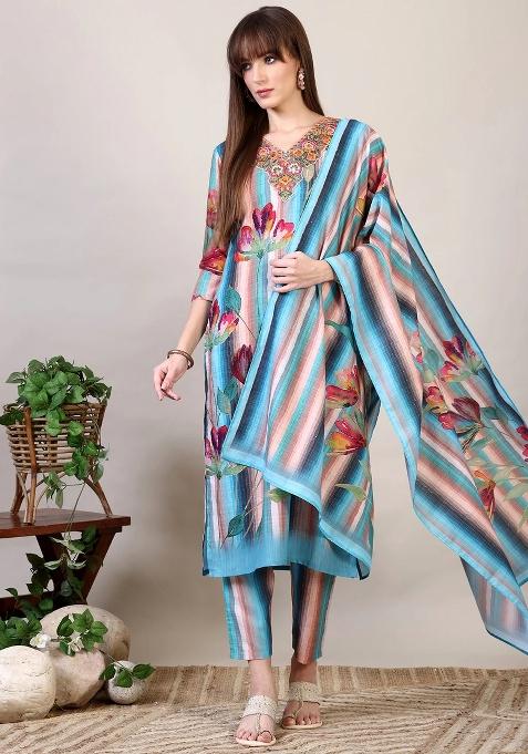 Multicolor Embroidery Cotton Kurta Set