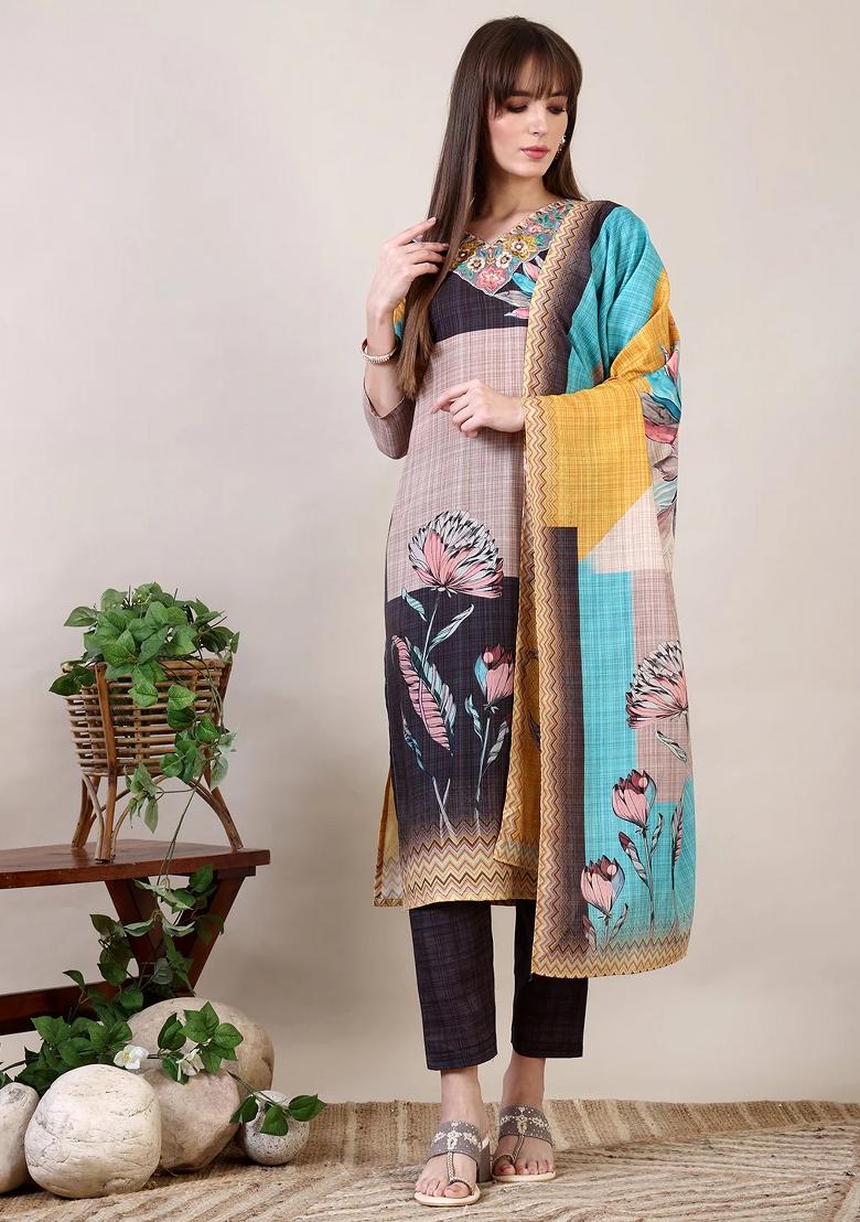 Multicolor Embroidery Cotton Kurta Set - Indya