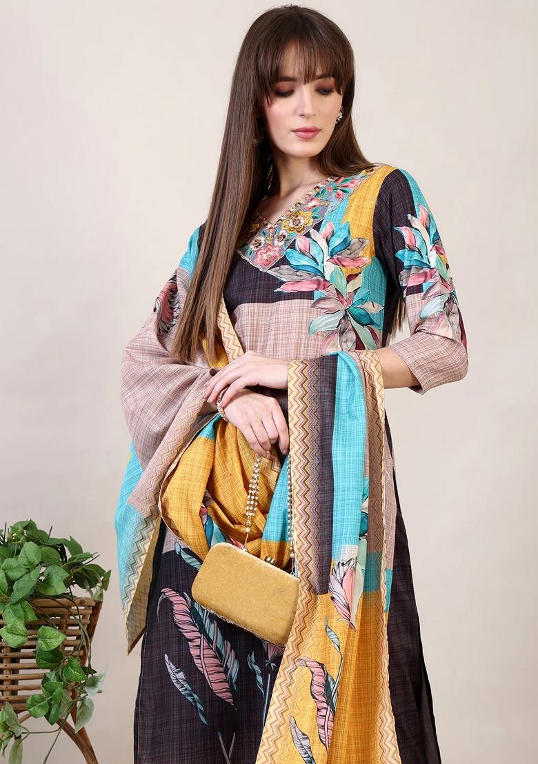 Multicolor Embroidery Cotton Kurta Set - Indya