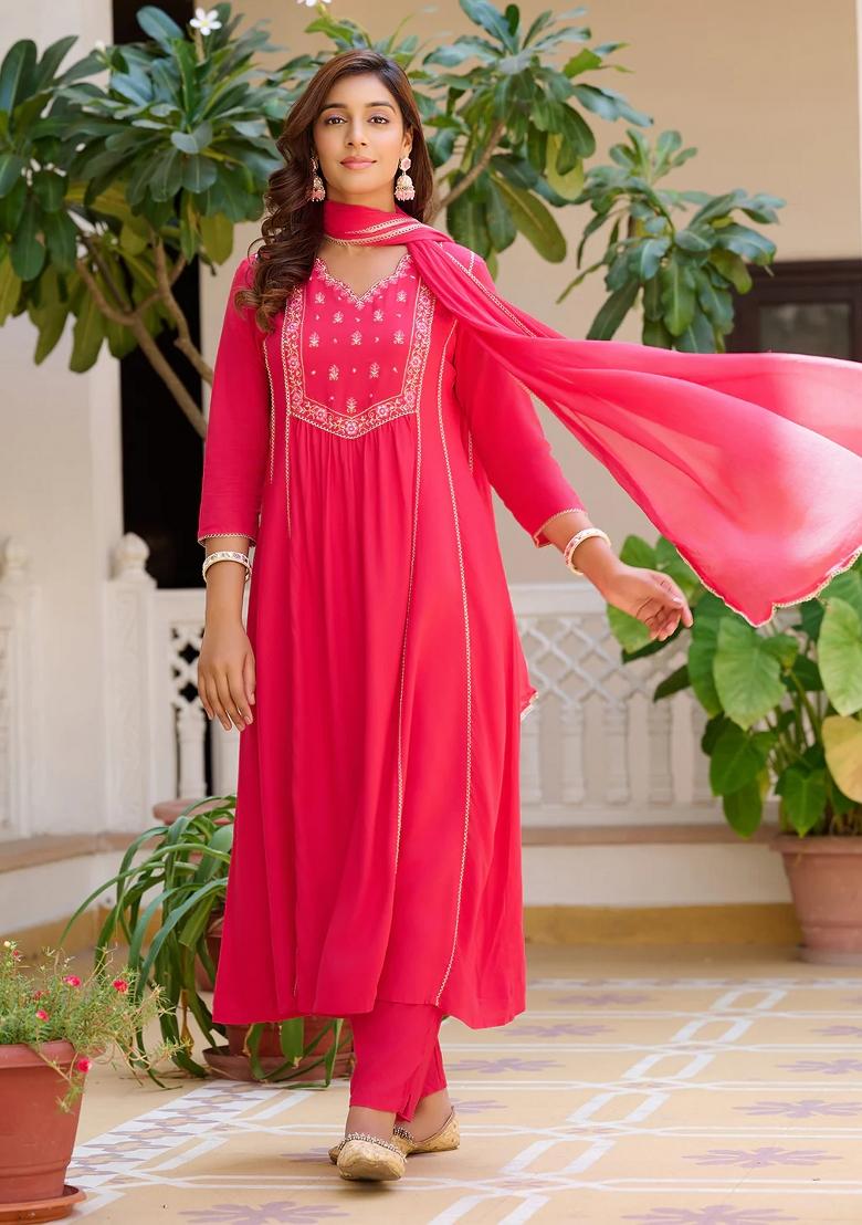 Pink Embroidery Rayon Kurta Set - Indya