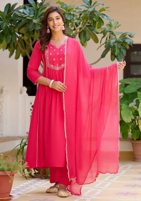 Pink Embroidery Rayon Kurta Set