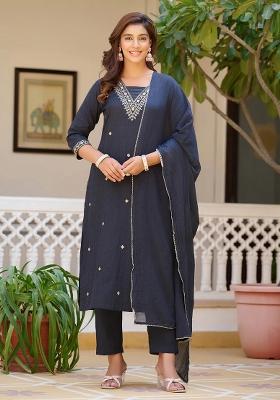Navy Blue Embroidery Cotton Kurta Set