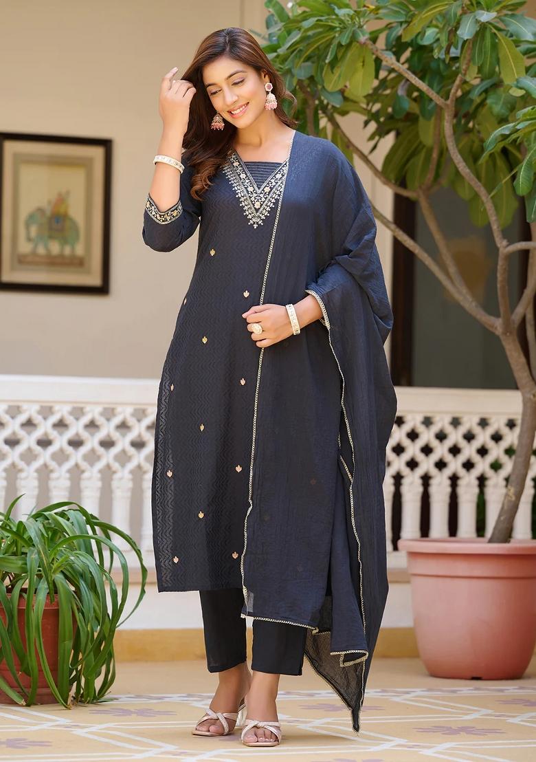 Navy Blue Embroidery Cotton Kurta Set - Indya