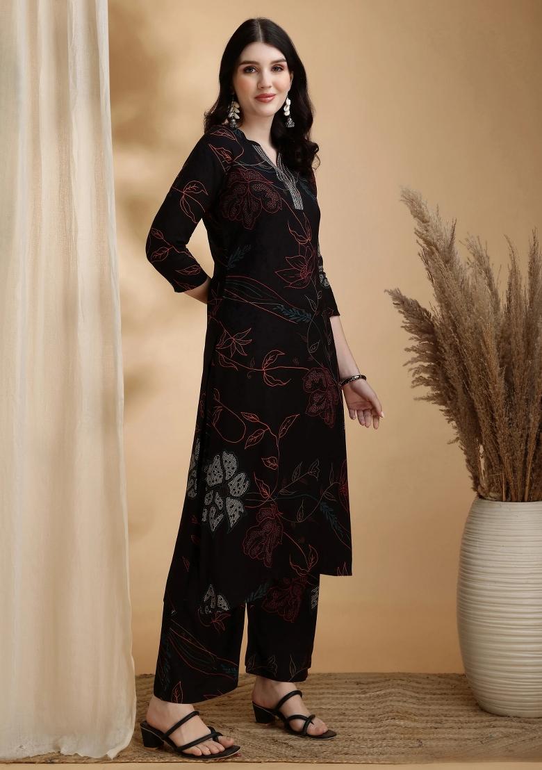 Black Embroidery Rayon Kurta Set - Indya