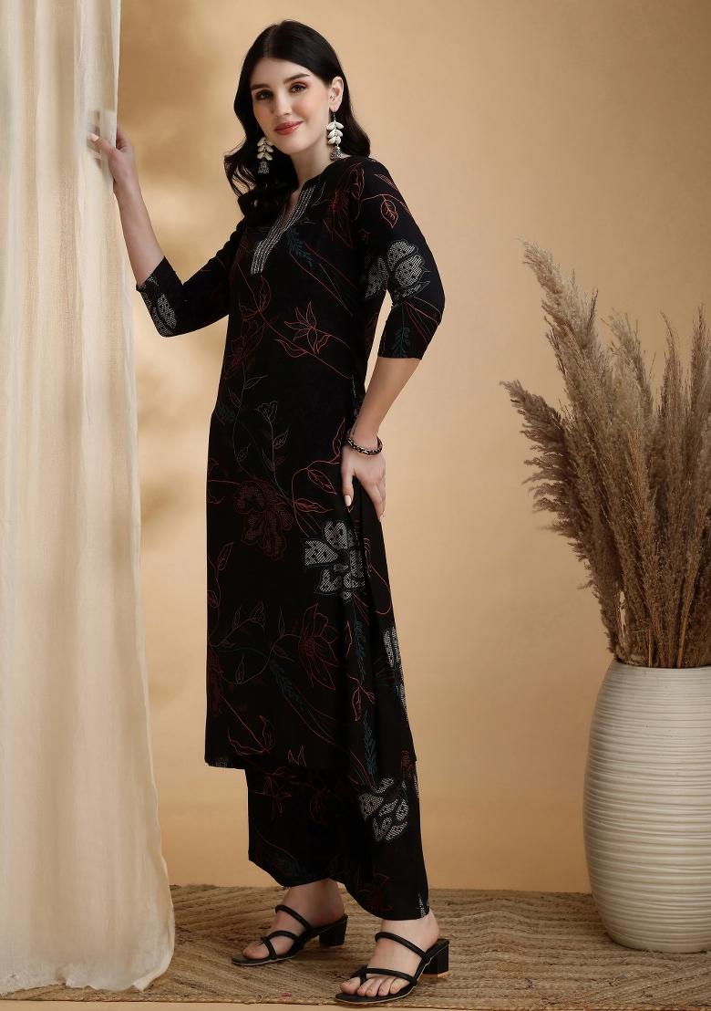 Black Embroidery Rayon Kurta Set - Indya