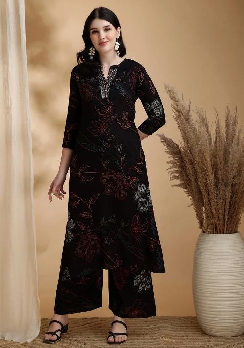 Black Embroidery Rayon Kurta Set