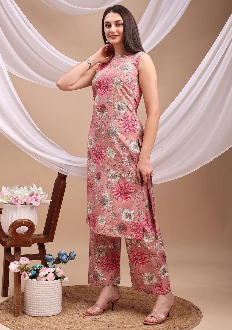 Pink Embroidery Rayon Kurta Set - Indya