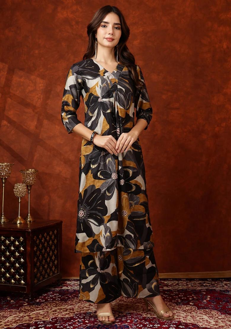 Black Embroidery Rayon Kurta Set - Indya