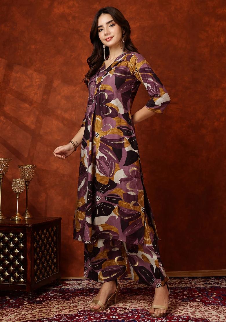 Purple Embroidery Rayon Kurta Set - Indya