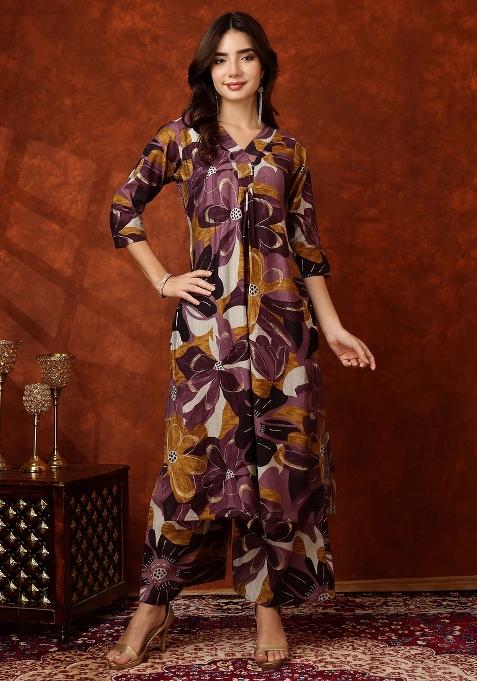 Purple Embroidery Rayon Kurta Set