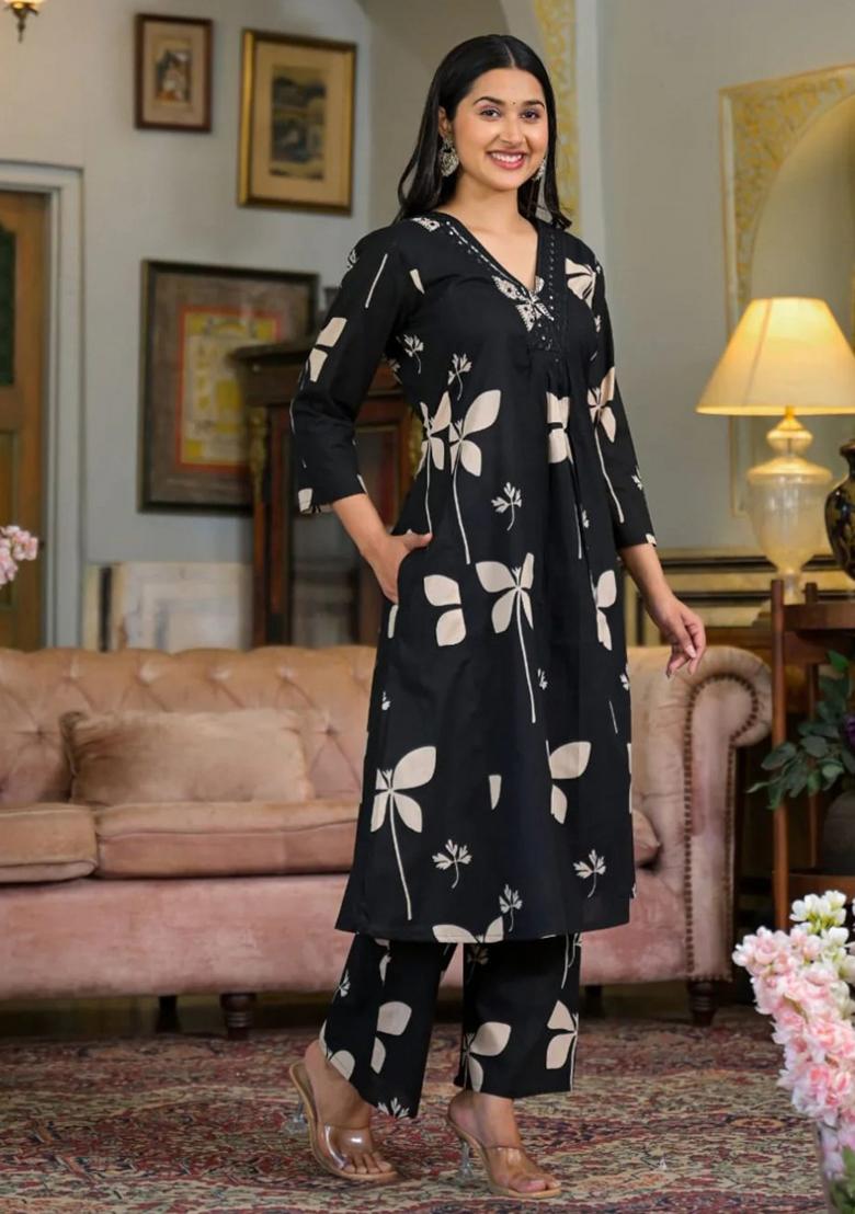 Black Embroidery Cotton Kurta Set - Indya