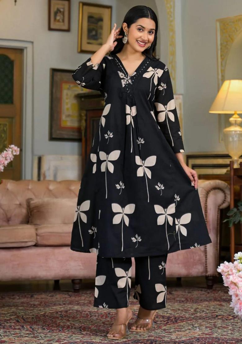 Black Embroidery Cotton Kurta Set - Indya