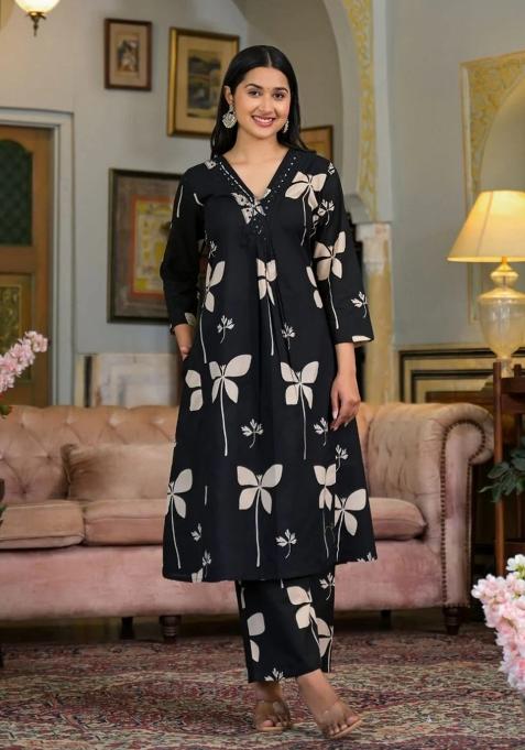 Black Embroidery Cotton Kurta Set