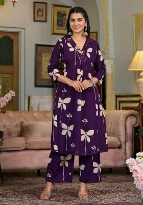 Violet Embroidery Cotton Kurta Set