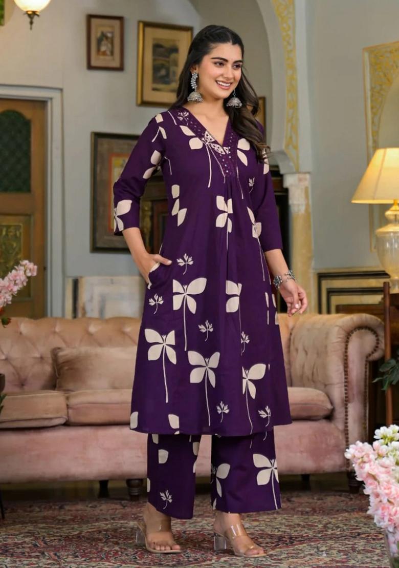 Violet Embroidery Cotton Kurta Set - Indya