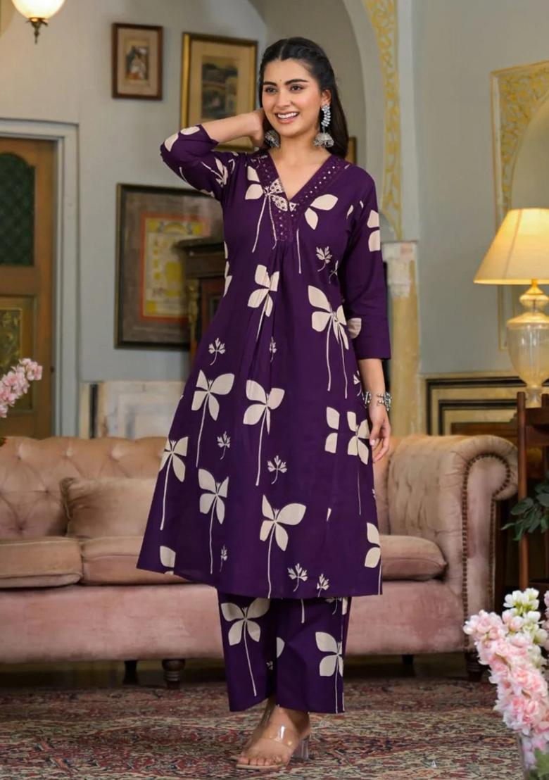 Violet Embroidery Cotton Kurta Set - Indya