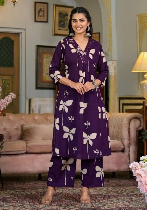 Violet Embroidery Cotton Kurta Set