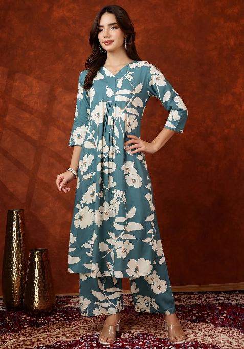 Turquoise Embroidery Rayon Kurta Set