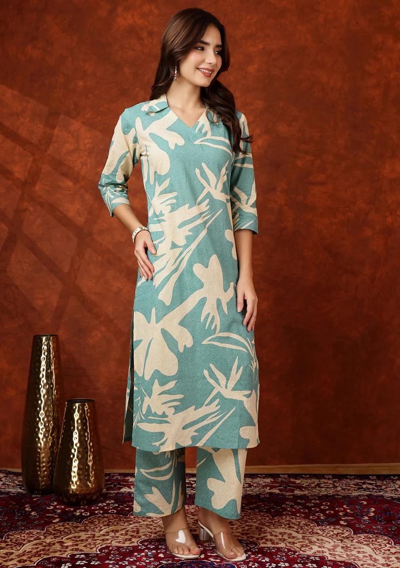Turquoise Embroidery Cotton Kurta Set - Indya