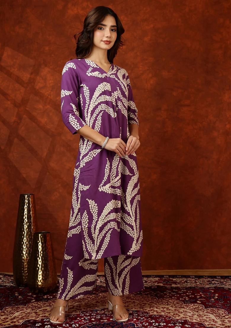 Purple Embroidery Rayon Kurta Set - Indya