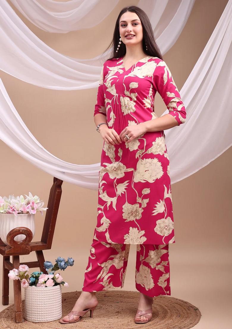 Pink Embroidery Rayon Kurta Set - Indya