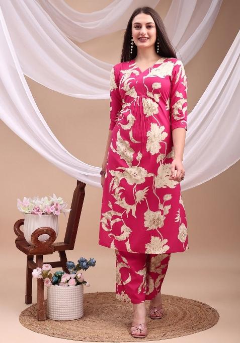 Pink Embroidery Rayon Kurta Set