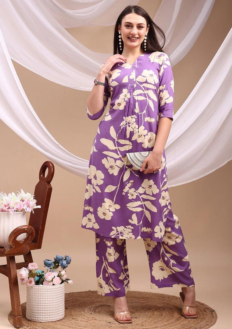 Lavender Embroidery Rayon Kurta Set - Indya